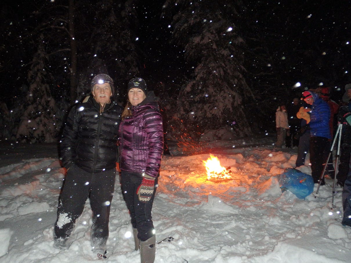 Moonlight Snowshoe Hike, bonfire, night hike, snowy night, winter hike in the forest